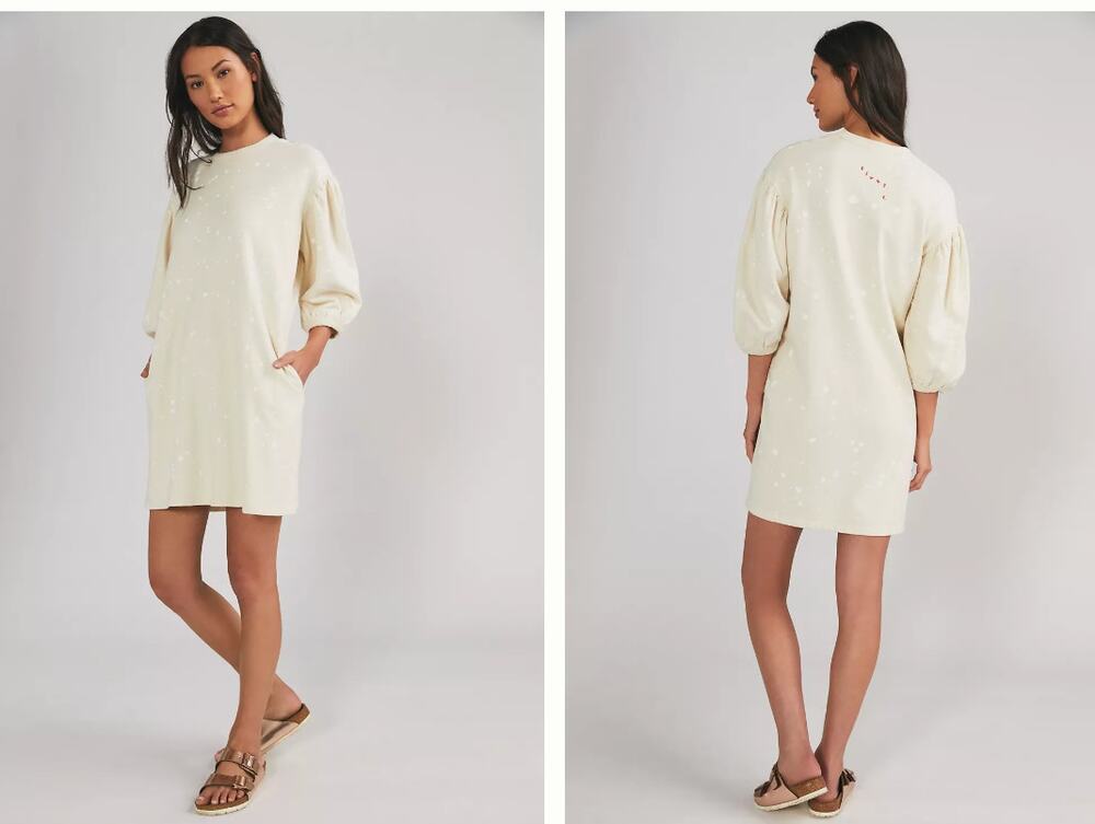 Clare V. Drop Shoulder Sweatshirt Dress XS Cream Paint Splatter Puff Sleeve